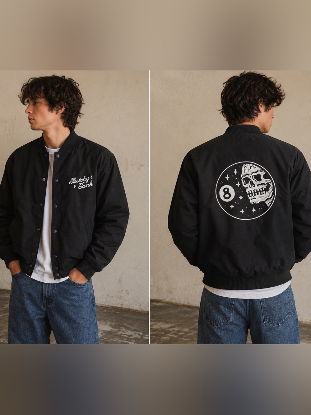 Sketchy Tank Black Skeleton and 8 Ball Graphic Bomber Jacket for Men Size M